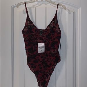 Forever 21 red black lace mesh bodysuit NWT